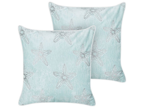 Set of 2 Scatter Cushions Blue Velvet 45 x 45 cm Marine Starfish Motif Square Polyester Filling Home Accessories Beliani