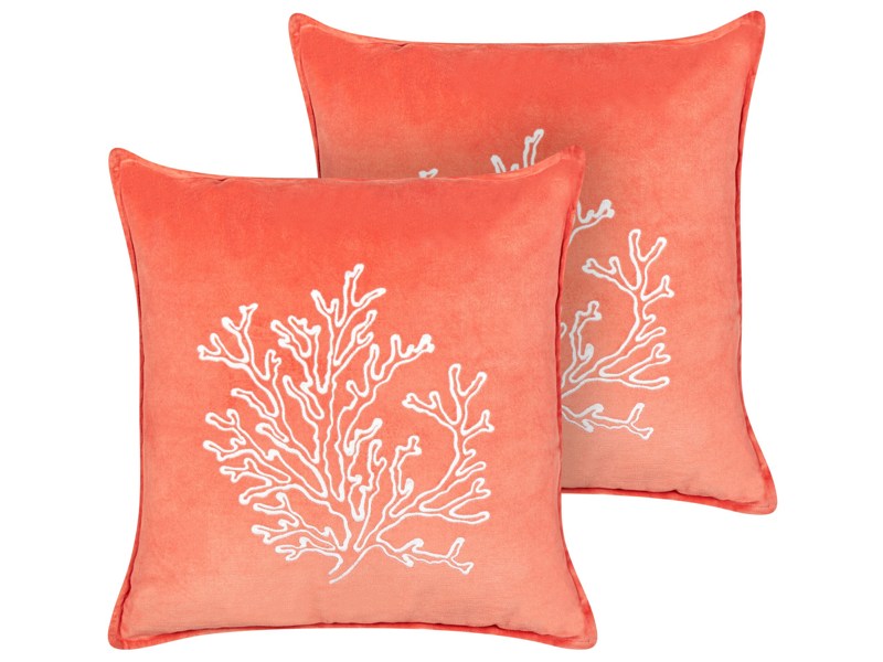 Set of 2 Scatter Cushions Pink Velvet 45 x 45 cm Marine Coral Motif Square Polyester Filling Home Accessories Beliani