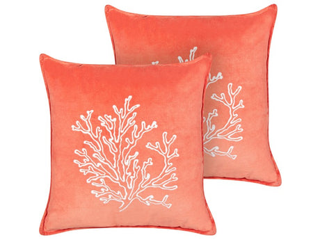 Set of 2 Scatter Cushions Pink Velvet 45 x 45 cm Marine Coral Motif Square Polyester Filling Home Accessories Beliani