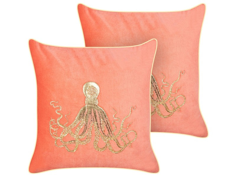 Set of 2 Scatter Cushions Red Velvet 45 x 45 cm Marine Octopus Motif Square Polyester Filling Home Accessories Beliani