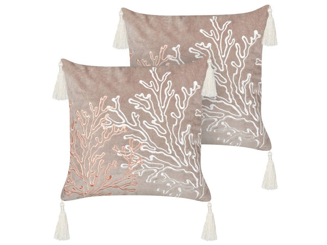 Set of 2 Scatter Cushions Taupe Velvet 45 x 45 cm Marine Coral Motif Square Polyester Filling Home Accessories Beliani