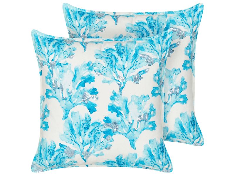 Set of 2 Scatter Cushions White and Blue Cotton 45 x 45 cm Marine Coral Pattern Square Polyester Filling Home Accessories Beliani