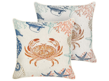 Set of 2 Scatter Cushions Beige Linen Cotton 45 x 45 cm Marine Crab Pattern Square Polyester Filling Home Accessories Beliani