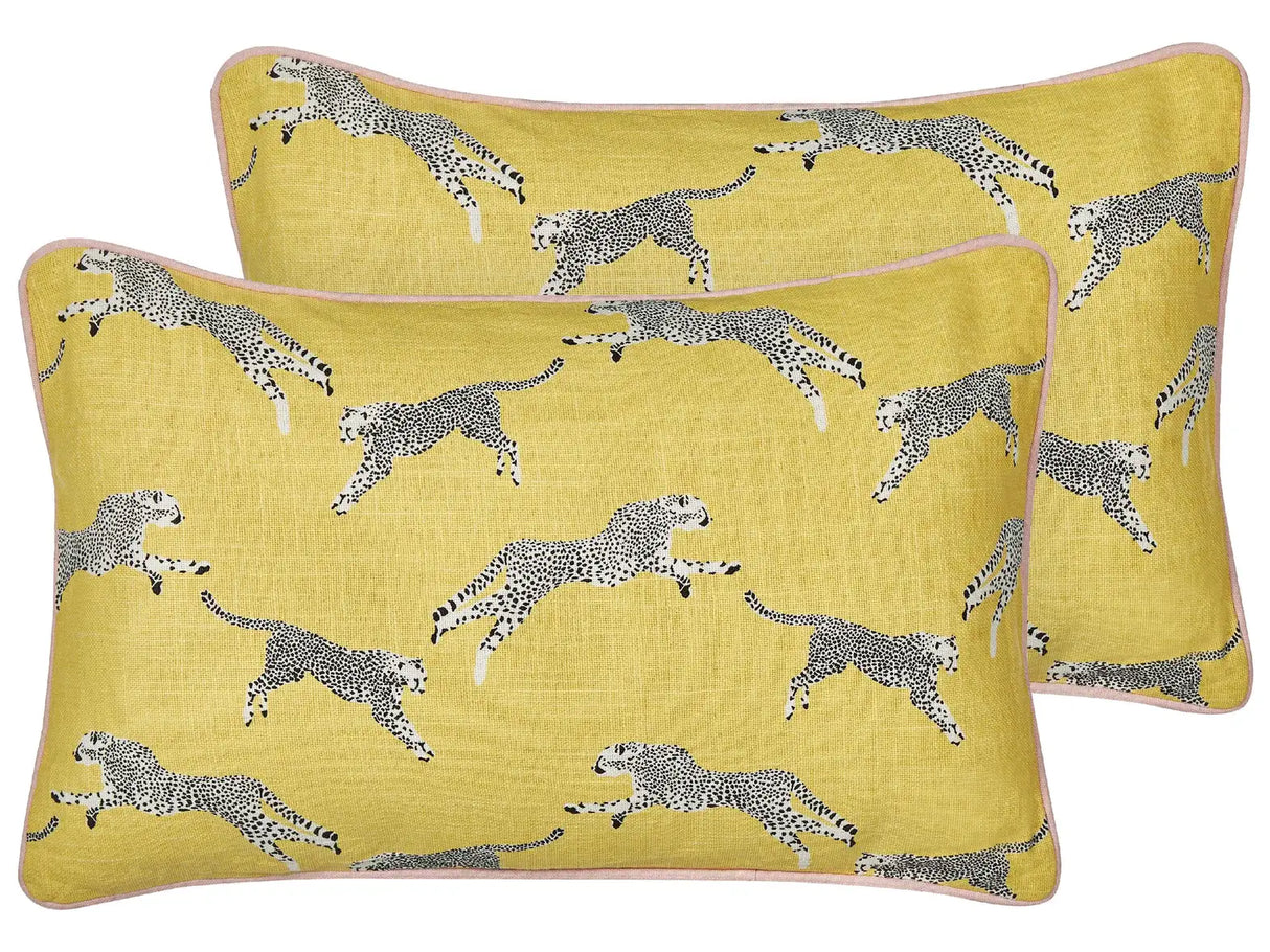 Set of 2 Scatter Cushions Yellow Cotton 30 x 50 cm Cheetah Motif Printed Pattern Beliani