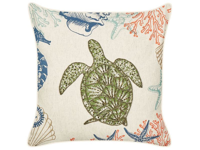 Scatter Cushion Beige Linen 45 x 45 cm Marine Tortoise Pattern Square Polyester Filling Home Accessories Beliani