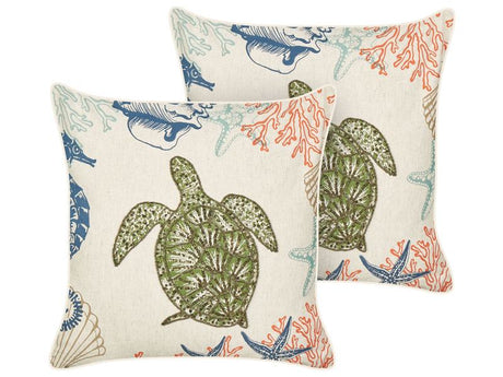 Set of 2 Scatter Cushions Beige Linen 45 x 45 cm Marine Tortoise Pattern Square Polyester Filling Home Accessories Beliani