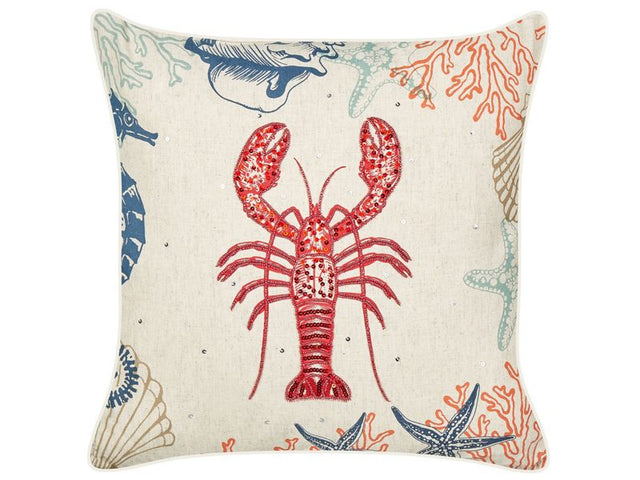 Scatter Cushion Beige Linen 45 x 45 cm Marine Lobster Pattern Square Polyester Filling Home Accessories Beliani