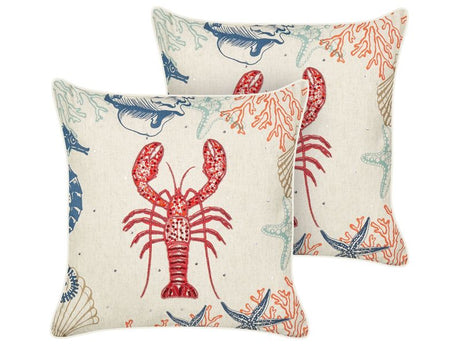 Set of 2 Scatter Cushions Beige Linen 45 x 45 cm Marine Lobster Pattern Square Polyester Filling Home Accessories Beliani