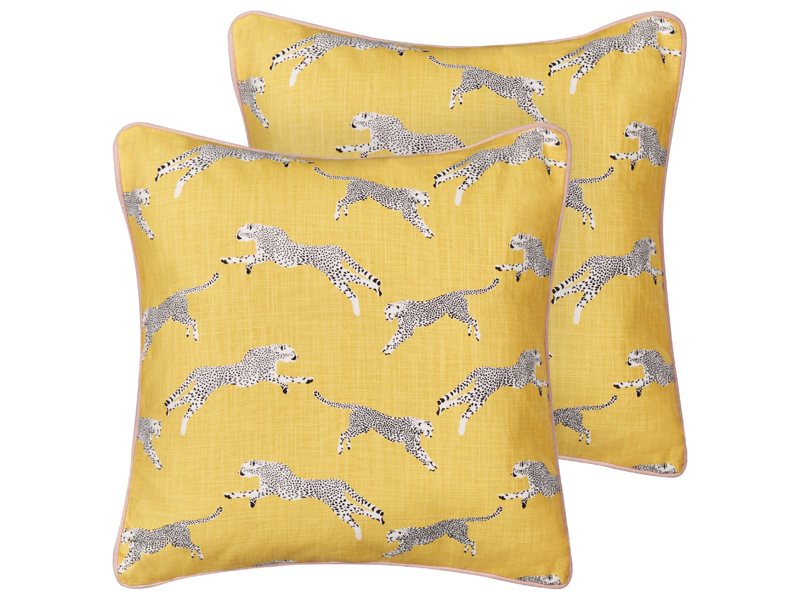 Set of 2 Scatter Cushions Yellow Cotton 45 x 45 cm Cheetah Motif Printed Pattern Beliani