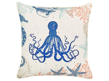 Scatter Cushion Beige Linen 45 x 45 cm Marine Octopus Pattern Square Polyester Filling Home Accessories Beliani