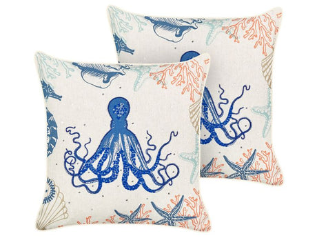 Set of 2 Scatter Cushions Beige Linen 45 x 45 cm Marine Octopus Pattern Square Polyester Filling Home Accessories Beliani