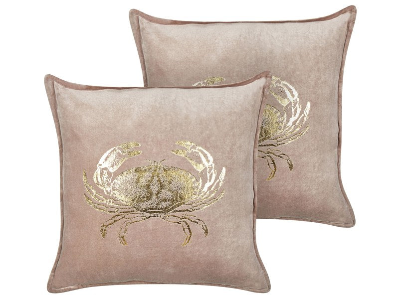 Set of 2 Scatter Cushions Taupe Velvet 45 x 45 cm Marine Crab Motif Square Polyester Filling Home Accessories Beliani