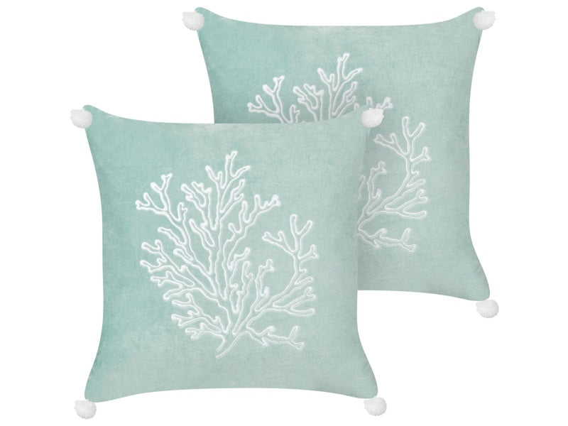 Set of 2 Scatter Cushion Mint Green Velvet 45 x 45 cm Marine Coral Motif Square Polyester Filling Home Accessories Beliani