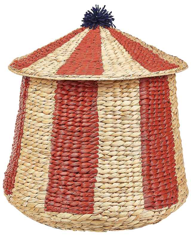 Wicker Basket Beige Red Water Hyacinth Woven Circus Motif Tent with Lid Pompom Toy Hamper Child's Room Accessory Beliani