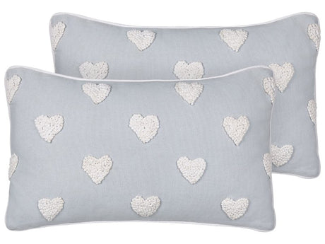 Set of 2 Scatter Cushions Grey Cotton 30 x 50 cm Embroidered Hearts Pattern  Beliani