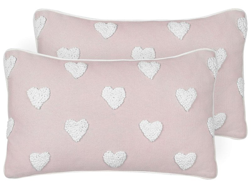 Set of 2 Scatter Cushions Pink Cotton 30 x 50 cm Embroidered Hearts Pattern Beliani