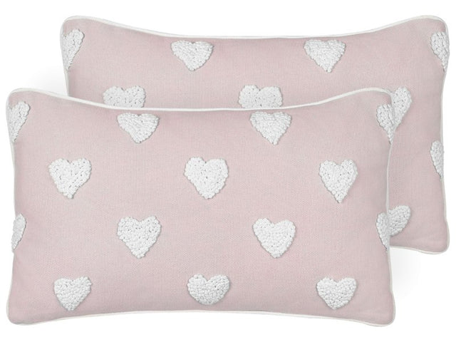 Set of 2 Scatter Cushions Pink Cotton 30 x 50 cm Embroidered Hearts Pattern Beliani