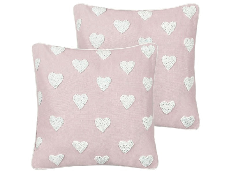 Set of 2 Scatter Cushions Pink Cotton 45 x 45 cm Embroidered Hearts Pattern Beliani