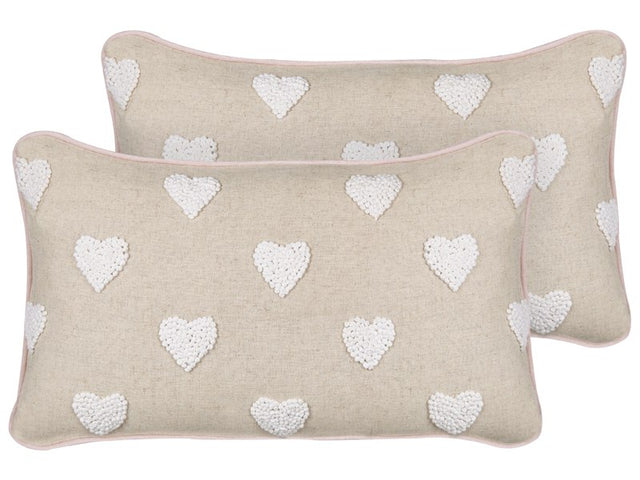 Set of 2 Scatter Cushions Beige Cotton 30 x 50 cm Embroidered Hearts Pattern Beliani