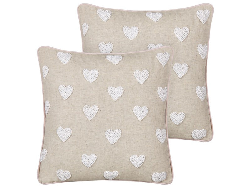 Set of 2 Scatter Cushions Beige Cotton 45 x 45 cm Embroidered Hearts Pattern Beliani