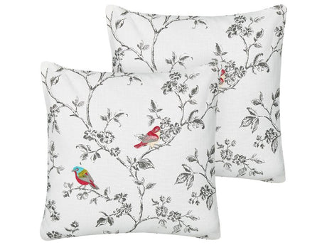 Set of 2 Scatter Cushions White Cotton 45 x 45 cm Throw Pillow Embroidered Birds Pattern Beliani