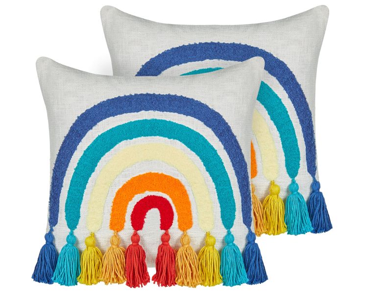 Set of 2 Scatter Cushions Multicolour  Cotton 45 x 45 cm Throw Pillow Embroidered Rainbow Pattern Beliani