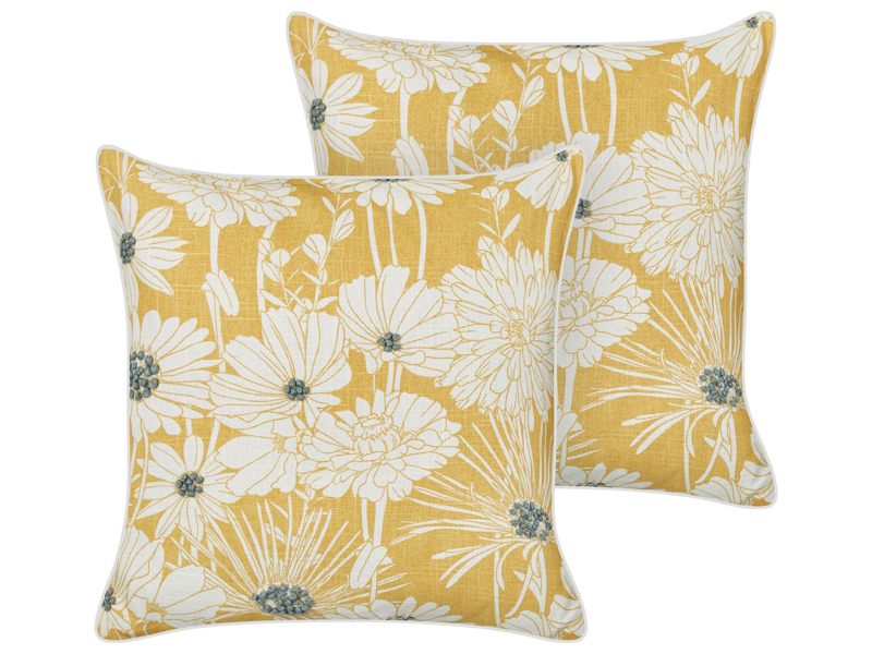 Set of 2 Scatter Cushions Yellow Cotton 45 x 45 cm Throw Pillow Embroidered Floral Print Pattern Beliani