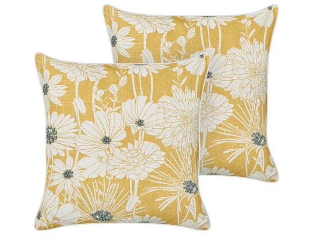 Set of 2 Scatter Cushions Yellow Cotton 45 x 45 cm Throw Pillow Embroidered Floral Print Pattern Beliani