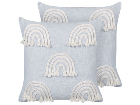 Set of 2 Scatter Cushions Light Blue Cotton 45 x 45 cm Throw Pillow Embroidered Rainbow Pattern Beliani