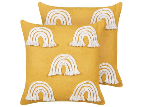 Set of 2 Scatter Cushions Yellow Cotton 45 x 45 cm Throw Pillow Embroidered Rainbow Pattern Beliani