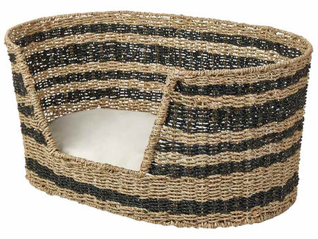 Pet Basket Natural Black Seagrass 65 x 44 cm with Cotton Cushion Bed for Cat Dog Boho Beliani