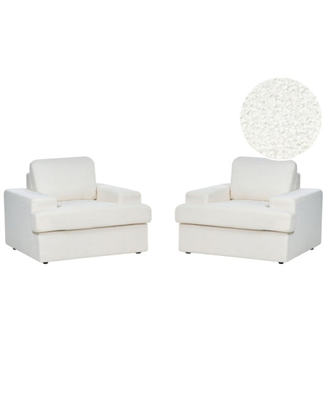 Set of 2 Armchairs White Boucle Upholstered Cushioned Thickly Padded Backrest Classic Living Room Couch Beliani