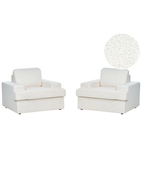 Set of 2 Armchairs White Boucle Upholstered Cushioned Thickly Padded Backrest Classic Living Room Couch Beliani