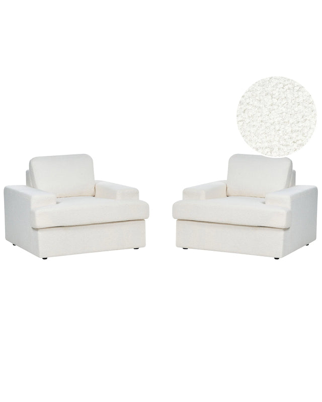 Set of 2 Armchairs White Boucle Upholstered Cushioned Thickly Padded Backrest Classic Living Room Couch Beliani