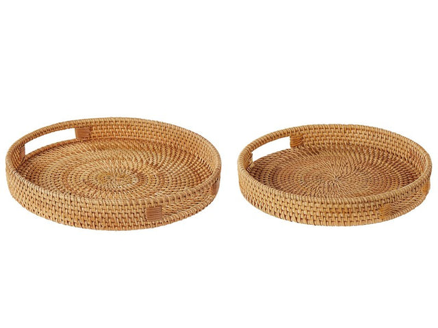 Set of 2 Decorative Trays Light Natural Rattan Boho Trinket Jewellery Dish Woven Home Accessory Beliani