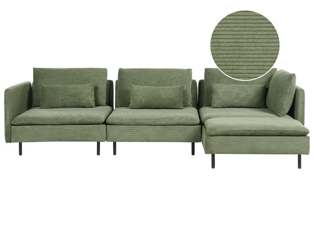 Modular Left Corner Sofa Green Corduroy 3 Seater Sectional Sofa Modern Design Living Room Beliani