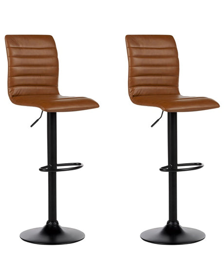 Set of 2 Bar Chairs Golden Brown Faux Leather Seat Black Frame Counter Height Swivel Adjustable Height Beliani