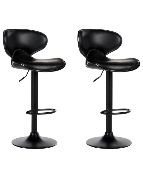 Set of 2 Bar Chairs Black Faux Leather Upholstery Footstool Swivel Gas Lift Adjustable Height Glamour Beliani