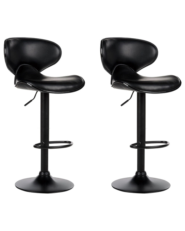 Set of 2 Bar Chairs Black Faux Leather Upholstery Footstool Swivel Gas Lift Adjustable Height Glamour Beliani