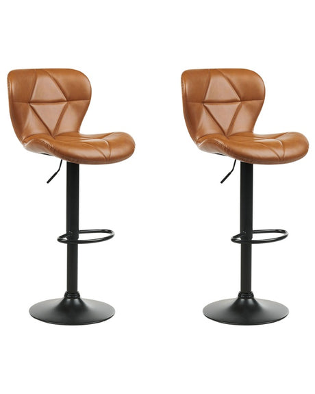 Set of 2 Bar Stool Golden Brown Faux Leather Swivel Adjustable Height Modern Kitchen Bar Chair Beliani