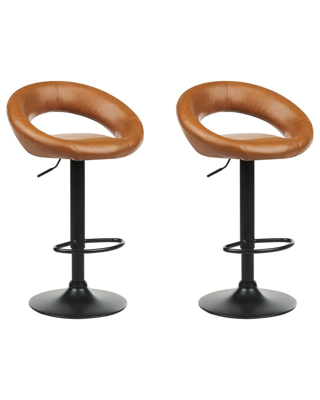 Set of 2 Bar Stools Golden Brown Faux Leather Upholstery Footstool Swivel Gas Lift Adjustable Height Minimalist Beliani