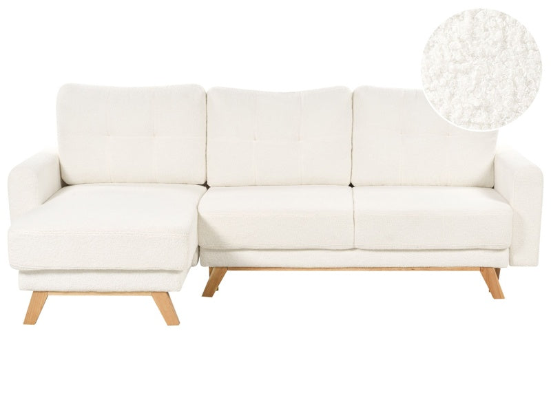 Right Corner Sofa White Boucle Upholstered with Sleeper Function Pull Out Cushioned Back Wooden Legs Beliani