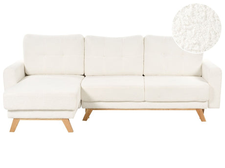 Right Corner Sofa White Boucle Upholstered with Sleeper Function Pull Out Cushioned Back Wooden Legs Beliani