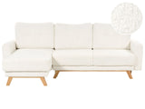 Right Corner Sofa White Boucle Upholstered with Sleeper Function Pull Out Cushioned Back Wooden Legs Beliani