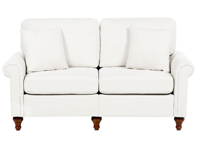 2 Seater Sofa White Fabric Upholstery Scrolled Arms Wood Frame Throw Pillows Modern Living Room Beliani