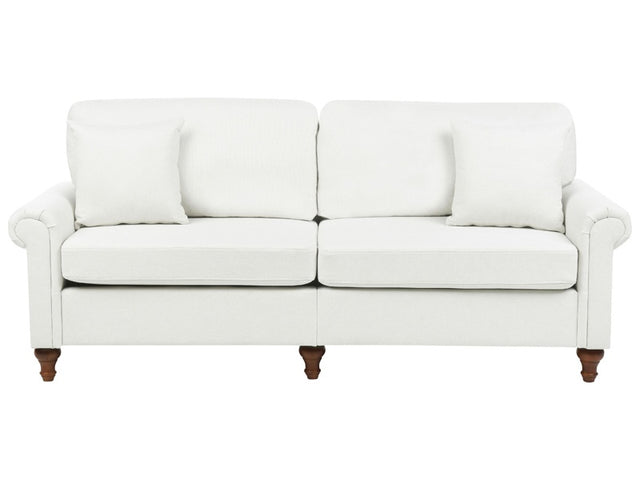 3 Seater Sofa White Fabric Upholstery Scrolled Arms Wood Frame Throw Pillows Modern Living Room Beliani