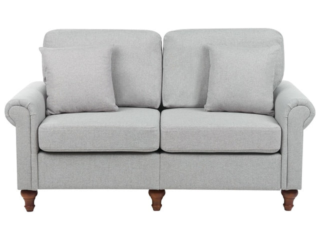 2 Seater Sofa Light Grey Fabric Upholstery Scrolled Arms Wood Frame Throw Pillows Modern Living Room Beliani