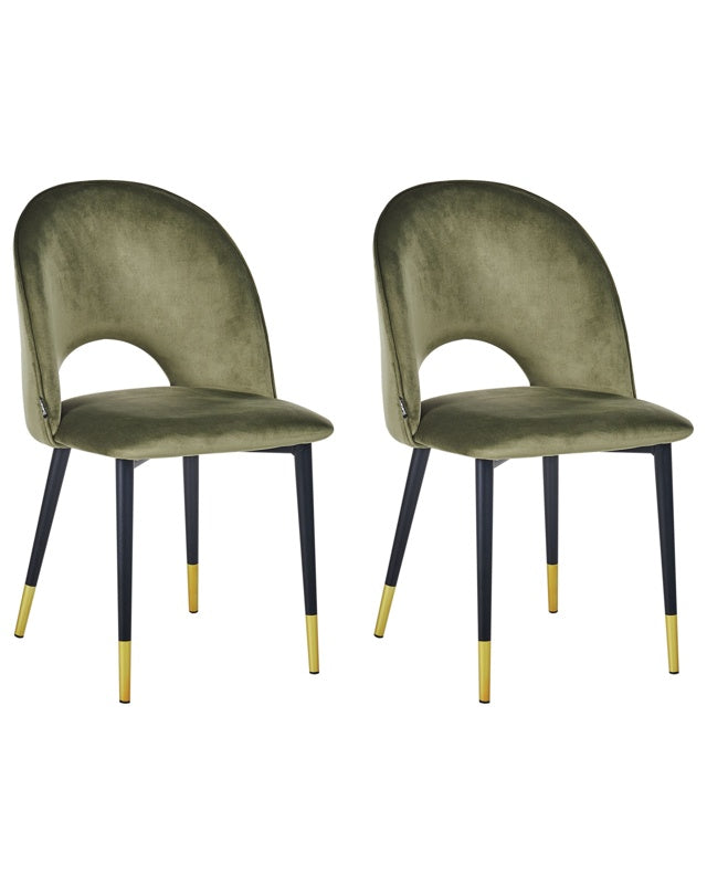 Set of 2 Dining Chairs Olive Green Velvet Upholstery Black Legs Retro Glamour Beliani