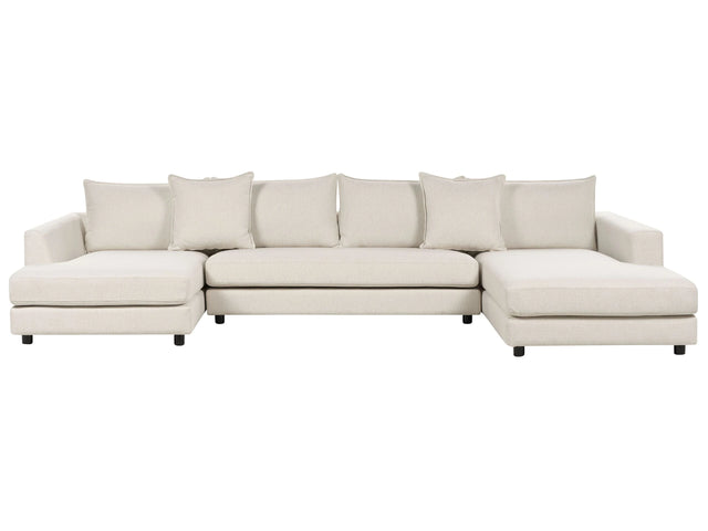 Corner Sofa Light Beige Polyester Upholstery Modern U-Shaped 5 Seater with Ottomans Extra Throw Pillows Cushioned Backrest Beliani