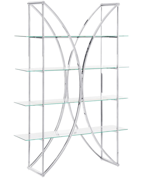 4 Tier Bookcase Metal Silver with Glass Shelves Glamour Style Storage Solution Beliani